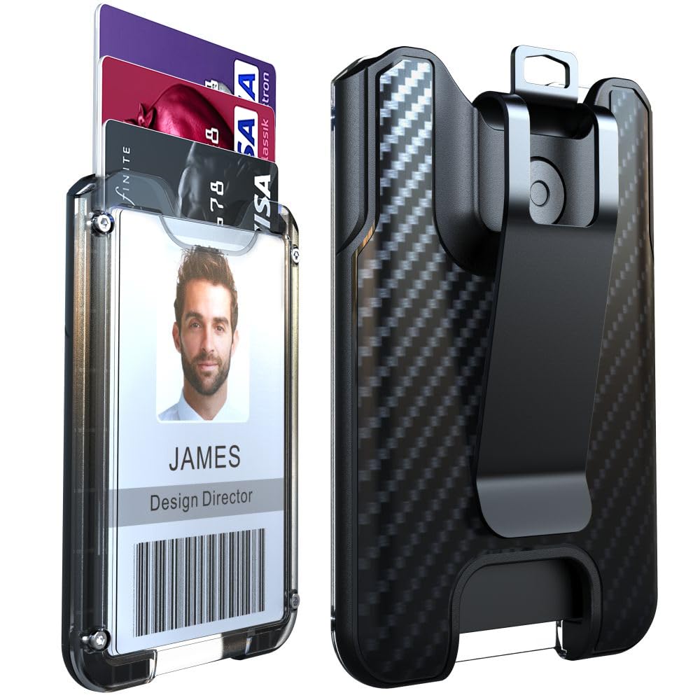 Badge Holder, ID Card Holder with Metal Clip - Durable Polycarbonate (Holds 1 to 4 Cards), Portable Wallet for Office, Laborer, Police, Work, Black