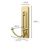 Command Large Satin Brass Double Hooks, 2 Hooks and 2 Command Strips, Damage Free Hanging Wall Hooks with Adhesive Strips, No Tools Coat Hooks for Hanging Home Decor, Holds up to 4 lb