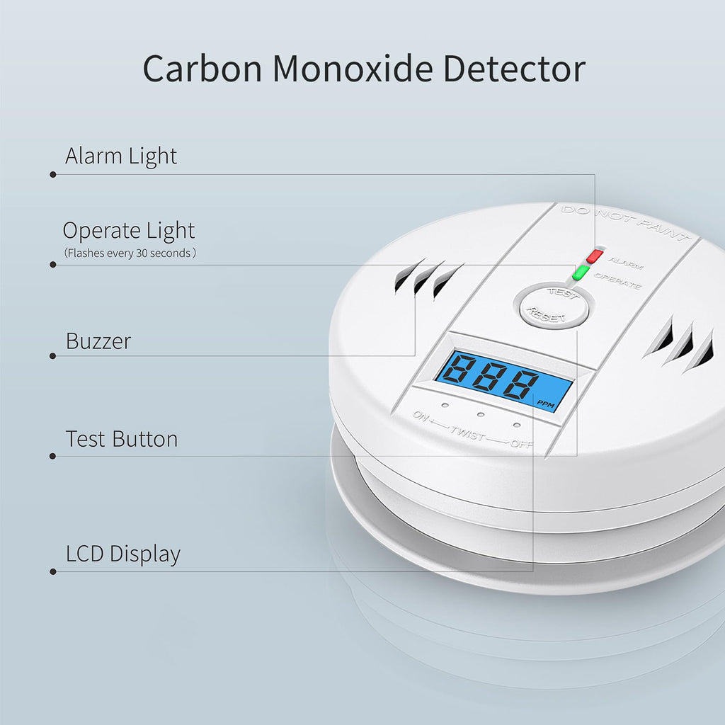 2 Packs Carbon Monoxide Detectors,CO Detector Battery Powered,Carbon Monoxide Alarm with Sensitive CO Sensor,LCD Display and Sound Warning,Complies with UL 2034 Standards