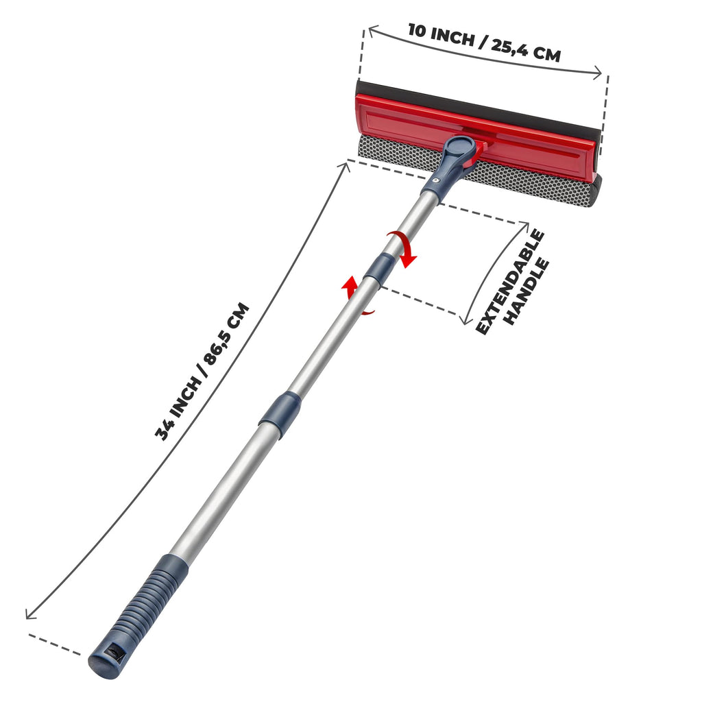 DSV Standard Professional Window Squeegee | 2-in-1 Window Cleaner Sponge and 10" Soft Rubber Strip with Telescopic Extension Pole 34 INCH & 86.5 cm | Adjustable to Clean from Multiple Angles