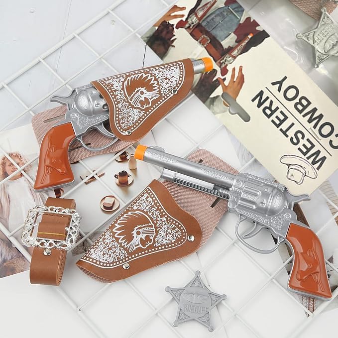 Cowboy Toys Set, 6Pieces Brown Adjustable Cowboy Gun Belt and Holster for Kids, Vintage Dress-up Accessories Costume for Halloween