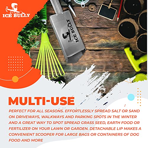 Ice Bully Handheld Spreader for Salt, Fertilizer, Feed, Seed and Sand Multi-Use Scoop Shaker to Easily Spread Snow and Ice Melt on Sidewalks, Walkways, Driveways and Parking Lots
