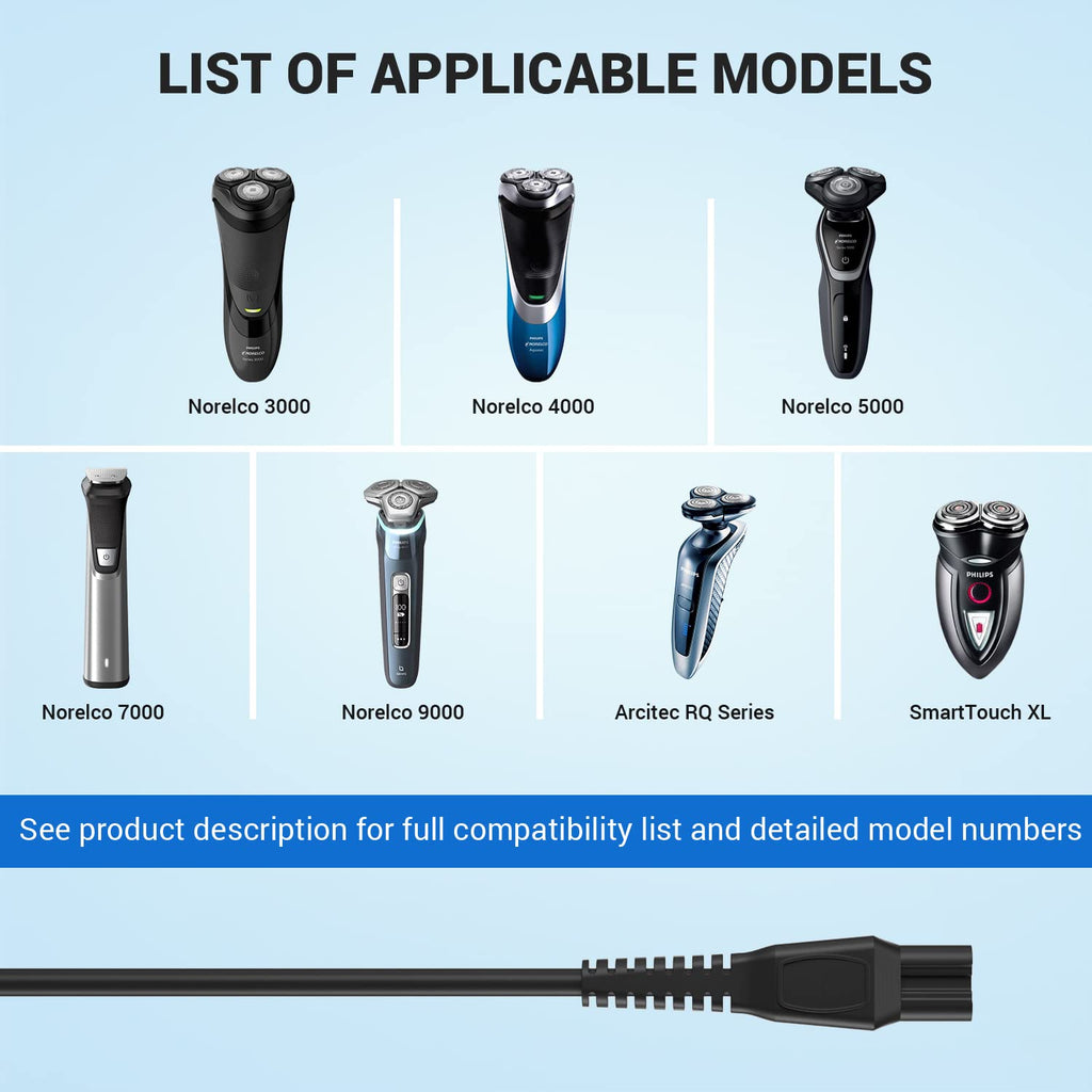 CGGXJP Replacement for philips Norelco charger cord Fit HQ8505 7000 5000 3000 Series 3500 mg5750 mg7750 S1560 Electric Shaver Razor, Aquatec, Arcitec, Multigroom Beard Trimmer & More 15V Power Cord Adapter