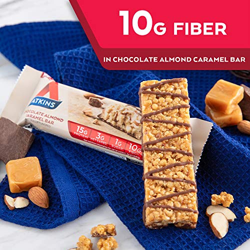Atkins Chocolate Almond Caramel Protein Meal Bar, High Fiber, 15g Protein, 1g Sugar, 3g Net Carbs, Meal Replacement, Keto Friendly, 8 Count
