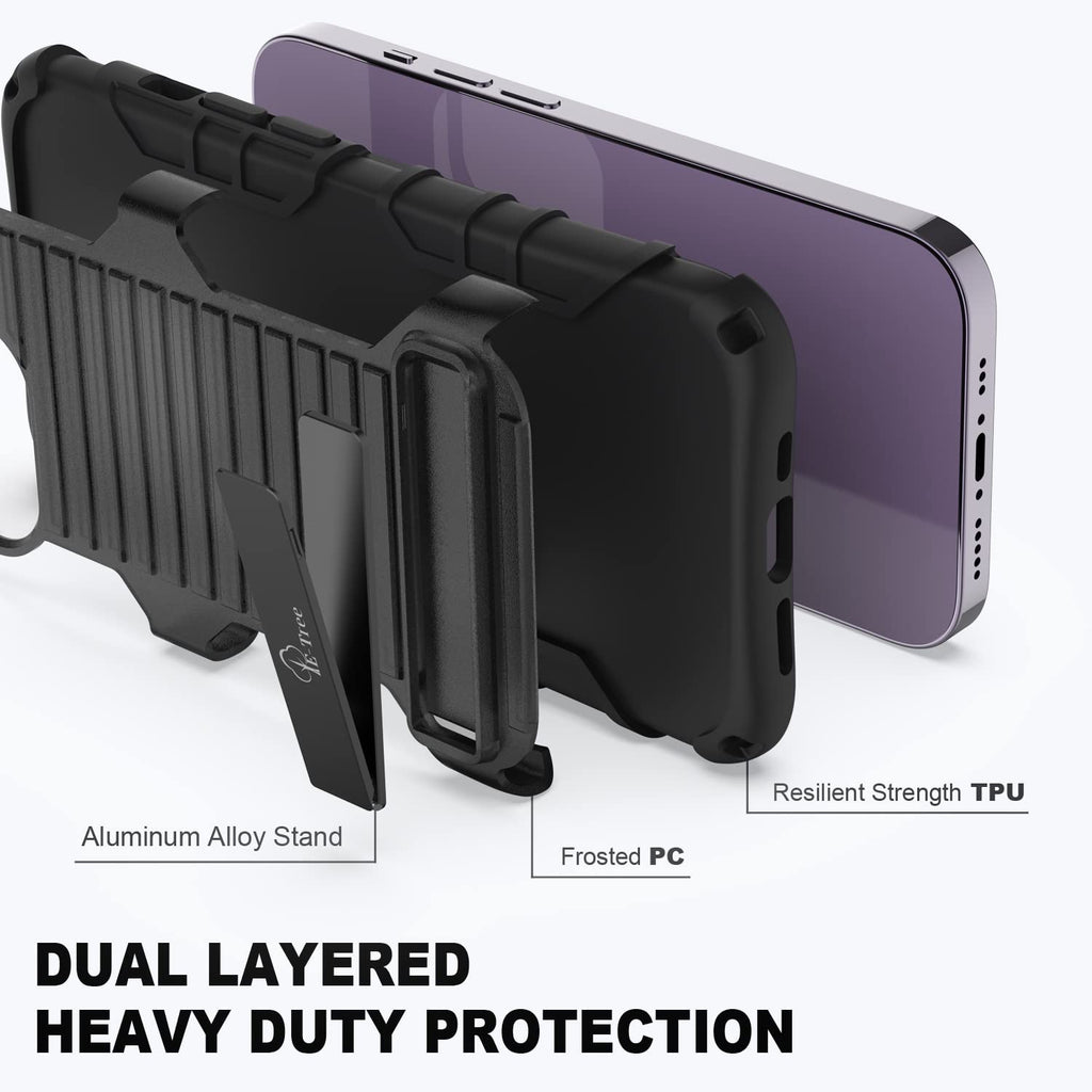 E-Tree Compatible with iPhone 14 Pro Max Case, with Crossbody Strap and Stand, Protection Shockproof Hard Phone Case Black, Perfect for Go Outside and Kid Elderly, 6.7 inch