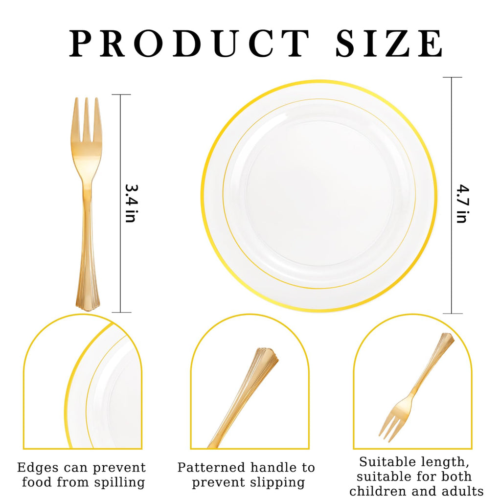 DaYammi 240 Pcs Gold Dessert Plates Set Includes 120 Gold Disposable Salad Plates 6.5" 120 Gold Plastic Forks 5.7",Clear Gold Rim Cake Plates,Fancy Gold Appetizer Plates for Party and Wedding