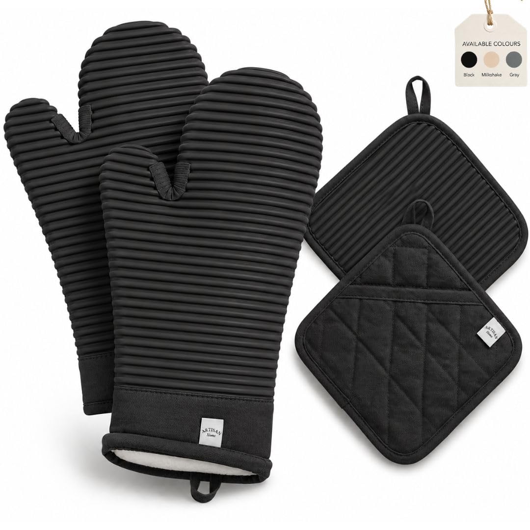 Extra Long Silicone Oven Mitts and Pot Holders Sets | Heat Resistant 500°F BPA-Free Food Grade Silicone Hot Pads & Kitchen Mittens | 4-Piece Set of Oven Gloves & Potholders for Kitchens.