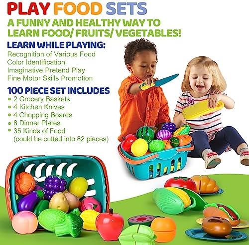 100 PCS Cutting Play Food Toy for Kids Kitchen, Pretend Food Toys for Toddlers, Play Kitchen Toys Accessories with 2 Baskets, Fake Food/Fruit/Vegetable, Birthday Gifts for 3 4 5 Years old Boys Girls