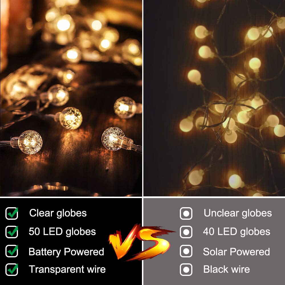 Metaku Globe String Lights Fairy Lights Battery Operated 16.4ft 50LED String Lights with Remote Waterproof Indoor Outdoor Hanging Lights Decorative Christmas Lights for Home Party Patio Garden Wedding