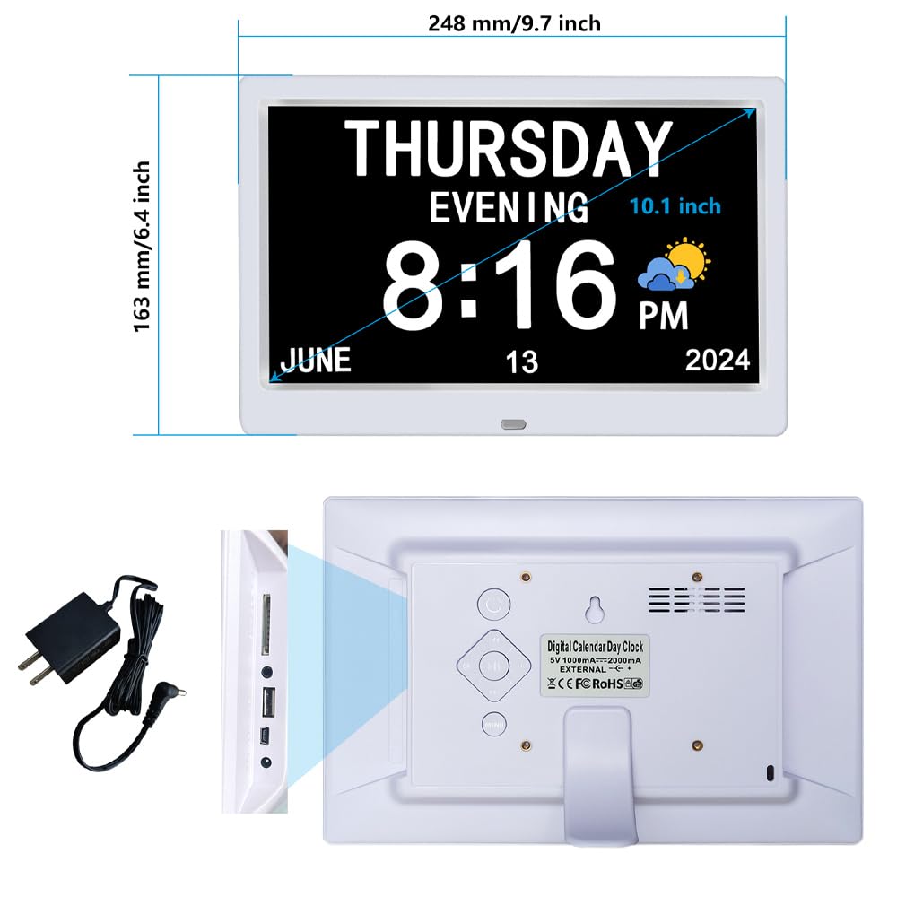 AINFTIME Digital Clock with Date and Day of Week for Elderly-12 Alarms Medication Reminder Dementia Alzheimers Clock Calendar with Extra Large Display (10.1 inch White)