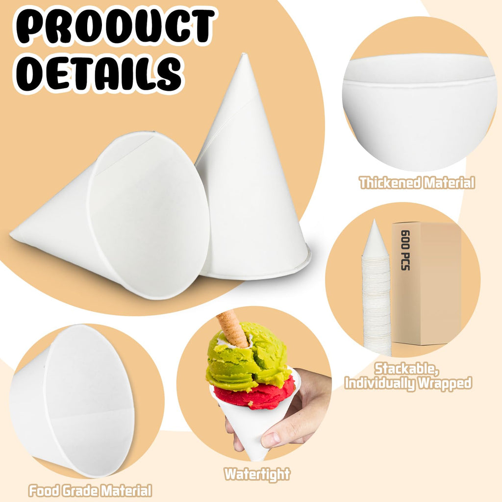 JarThenaAMCS 600 Pcs White Paper Cone Cups 4 OZ Thicken Cone Cups Disposable Shaved Ice Cups for Picnic Party Chocolate Desserts Packing Water Ice Cream & Shaved Ice Supplies
