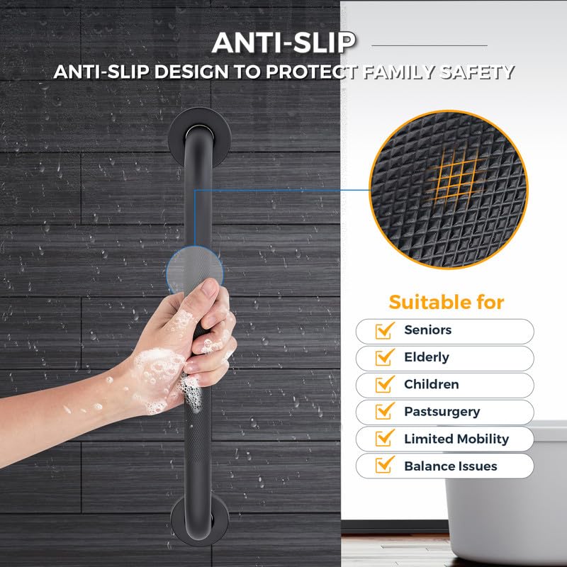Grab Bars for Shower, 2 Pack 12-Inch Anti Slip Shower Handles for Elderly, Safety Shower Grab Bar, Stainless Steel Handicap Grab Bars for Bathroom (Black 1" Diameter)