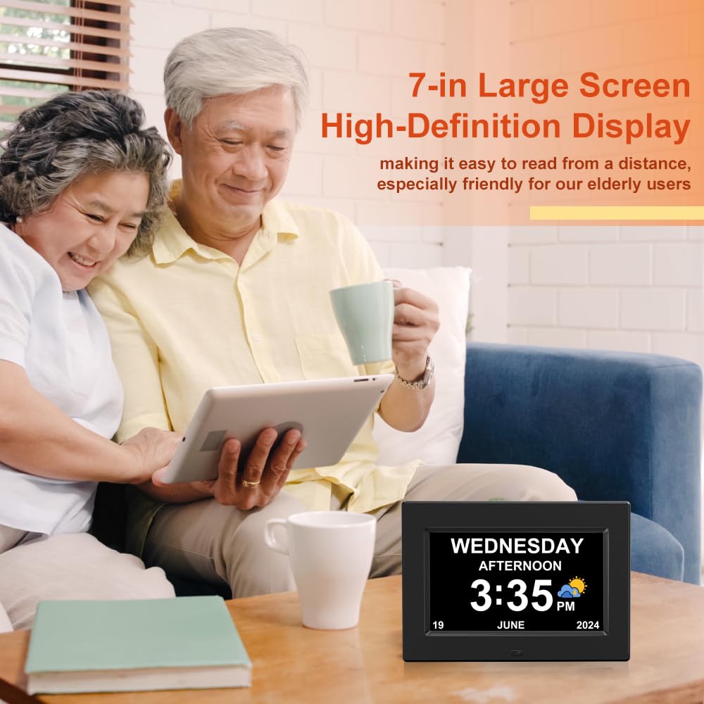 AINFTIME Digital Clock with Date and Day of Week for Elderly-12 Alarms Medication Reminder Dementia Alzheimers Clock Calendar with Extra Large Display (7 inch Black)