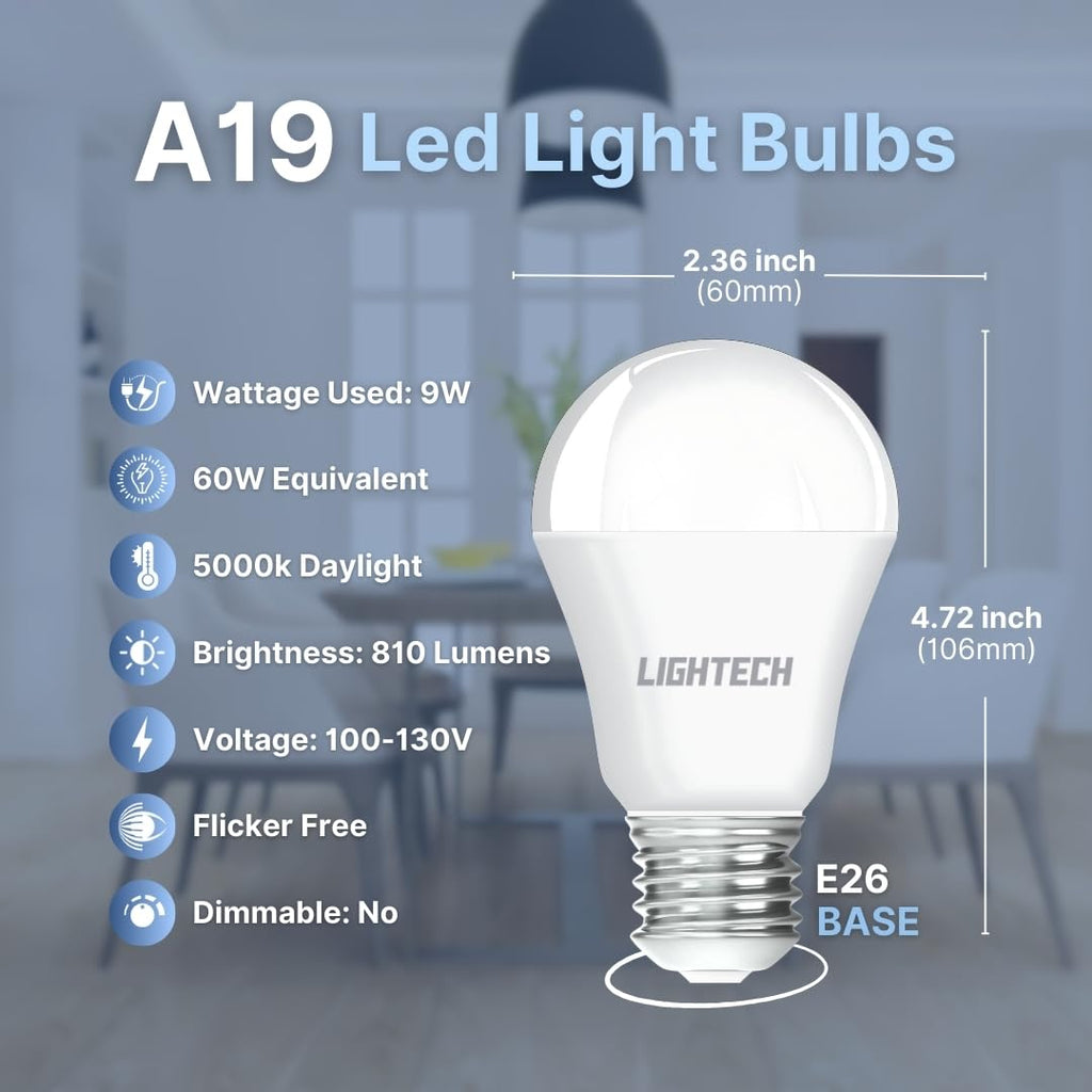 A19 LED Light Bulbs, 12 Pack, 60W Equivalent, 9W Daylight 5000K LED Light Bulb, 810 LM, Bedroom, Living Room, Office, Garage, Daylight LED Light Bulbs, Light Bulbs, Non-Dimmable, E26, UL Listed