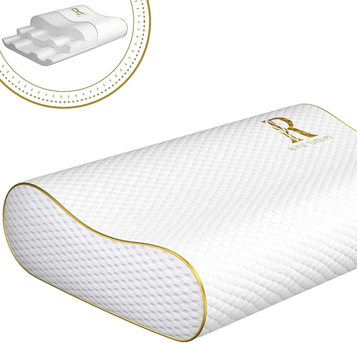 Royal Therapy Memory Foam Pillow, Queen Neck Pain Relief, Contour Cervical Pillow, for Neck and Shoulder Pain, Side, Back and Stomach Sleeper