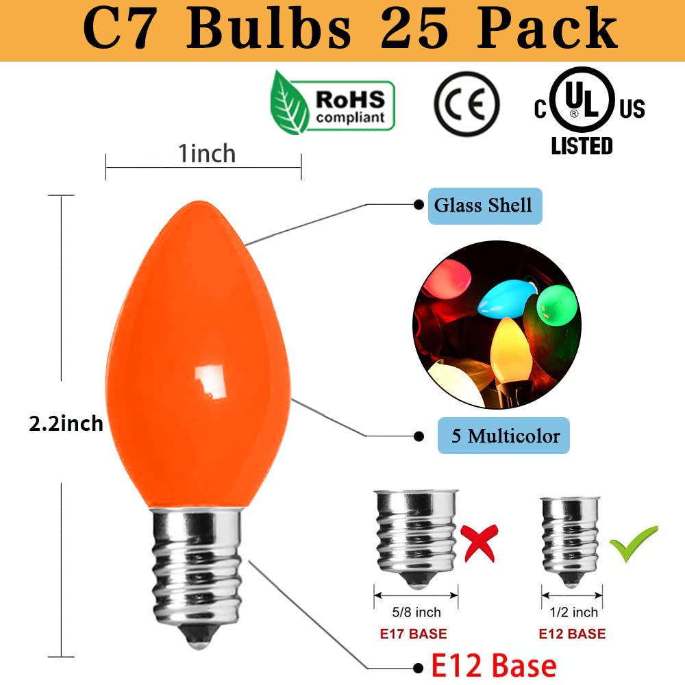 Couah Christmas Light Bulbs C7 Multi-Color Replacement Bulbs（25 Pack） C7 Ceramic Outdoor String Light Replacement Bulbs, C7/E12 Candelabra Base, 5 Watt