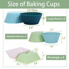 24Pack Silicone Muffin Cups, Reusable Cupcake Liners Molds for Baking, 3 Shapes Lunch Box Bento Dividers-Round, Square, and Rectangular (Neutral Colors, Large Size)