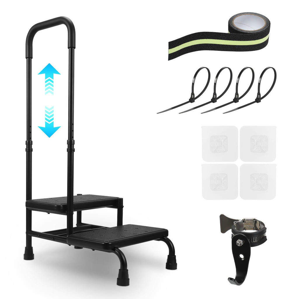 2 Step Stool with Handle for Elderly, Heavy Duty Step Stool with Handle, 4 Fixing Buckle and Adjustable Handrail, Bed Steps with a Hook for Adults Seniors Handicap, Hold up to 400LBS