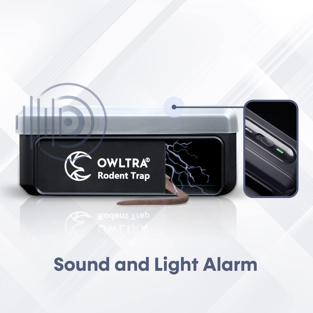 OWLTRA 2 Pack OW-7 in-/Outdoor Electric Rodent Trap, Instant Kill Mouse & Rat Zapper with Waterproof Cover, Sound & Light Alarm, and Batteries or USB Power Source, Waterproof Grade IPX4, Black