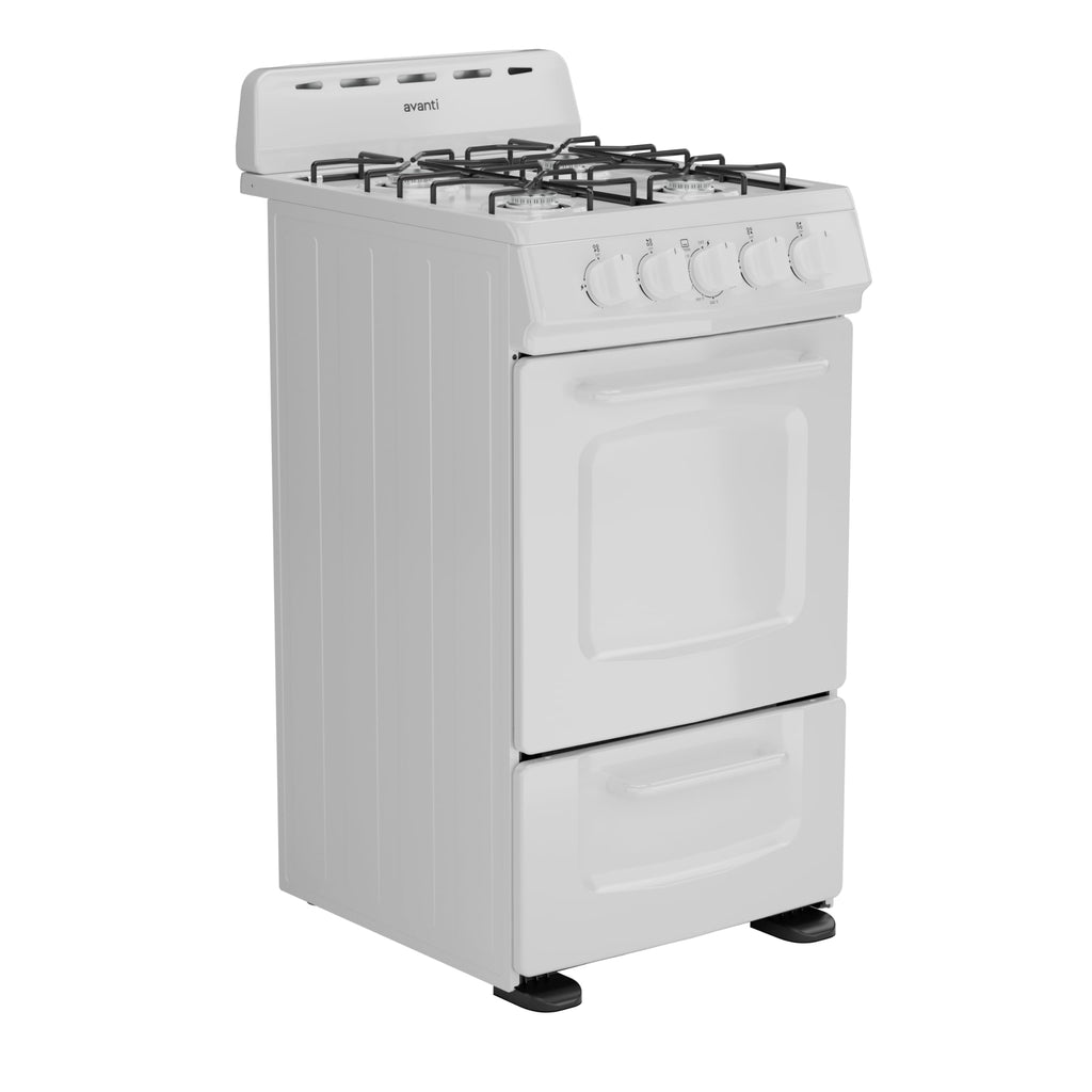 Avanti Gas Range Oven, Compact Freestanding Design, 4 Burners with Electronic Ignition, 2.1 Cu.Ft. Capacity Features Solid Door Storage Drawer Broiler and Accessories, 20-Inch, White