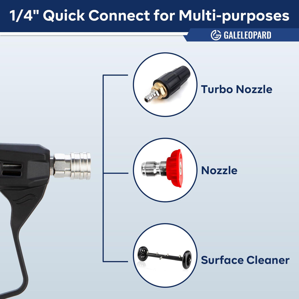 Short Pressure Washer Gun with 1/4" Quick Connector, 4350 PSI High Pressure Washer Gun with 5 Spray Nozzle Tips, 3/8'' Male Plug and M22-14/15mm Fittings, Power Washer Gun Compatible with Foam Cannon