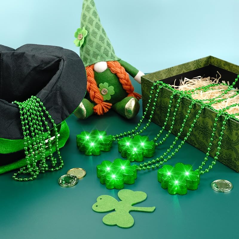 YAXINRUI 4pcs Light Up Shamrocks Beads Necklaces, St. Patrick's Day Accessories - Led Metallic Green Bead Clovers for Irish Party Favor Supplies