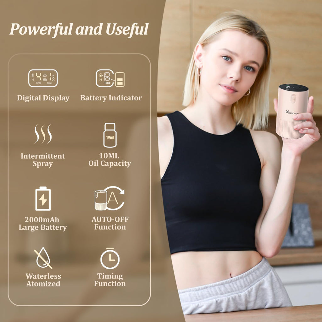 Waterless Diffuser for Essential Oil - Aromatherapy Diffuser for Home with Battery Indicator, Portable Smart Scent Air Machine 1/2/3 & Continuous Mist, Timing & Auto-off Function, 400~500 sq. ft Scent