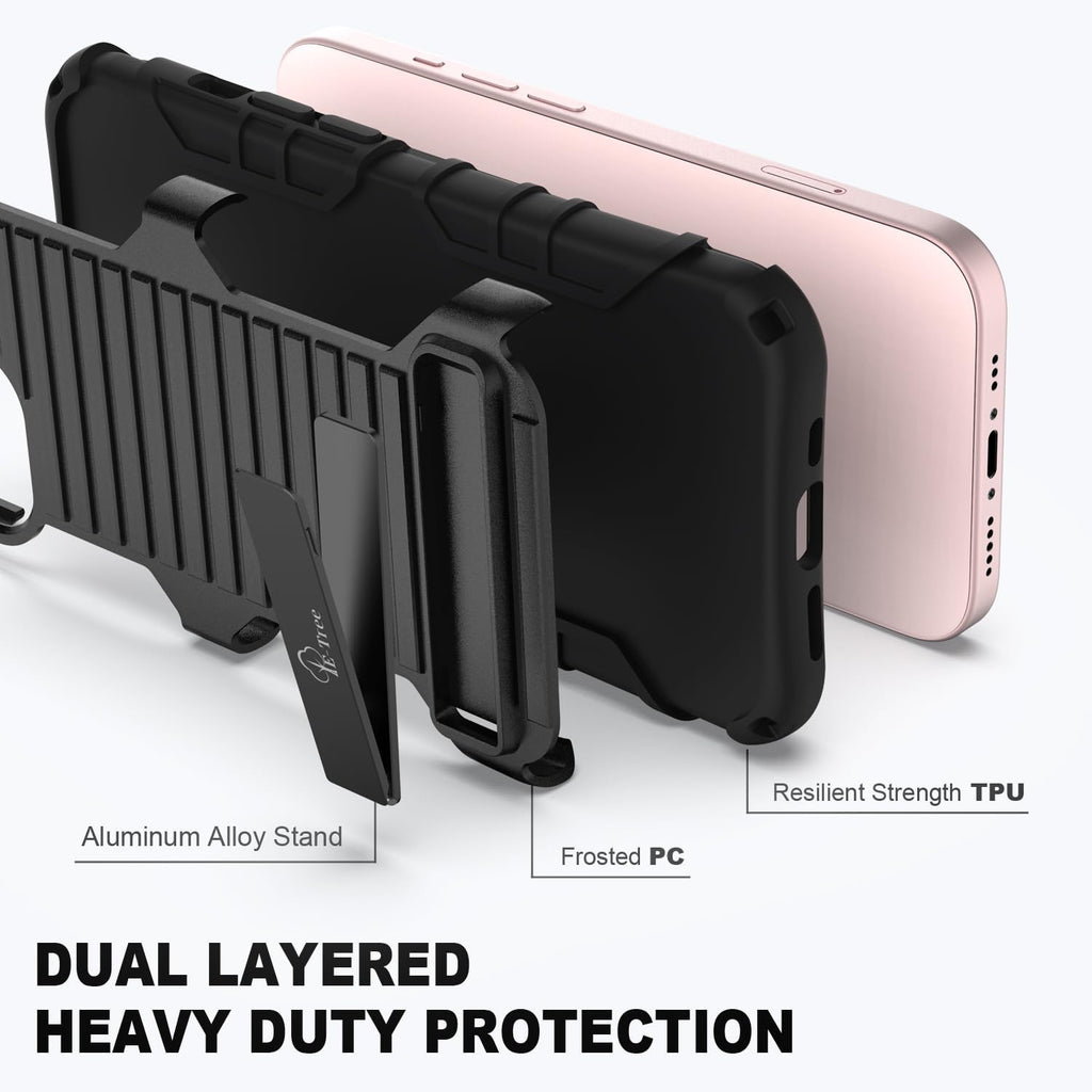 E-Tree for iPhone 15 Case, with Crossbody Strap and Stand, Protective Shockproof Hard Phone Case Black, Perfect for Go Outside and Kid Elderly
