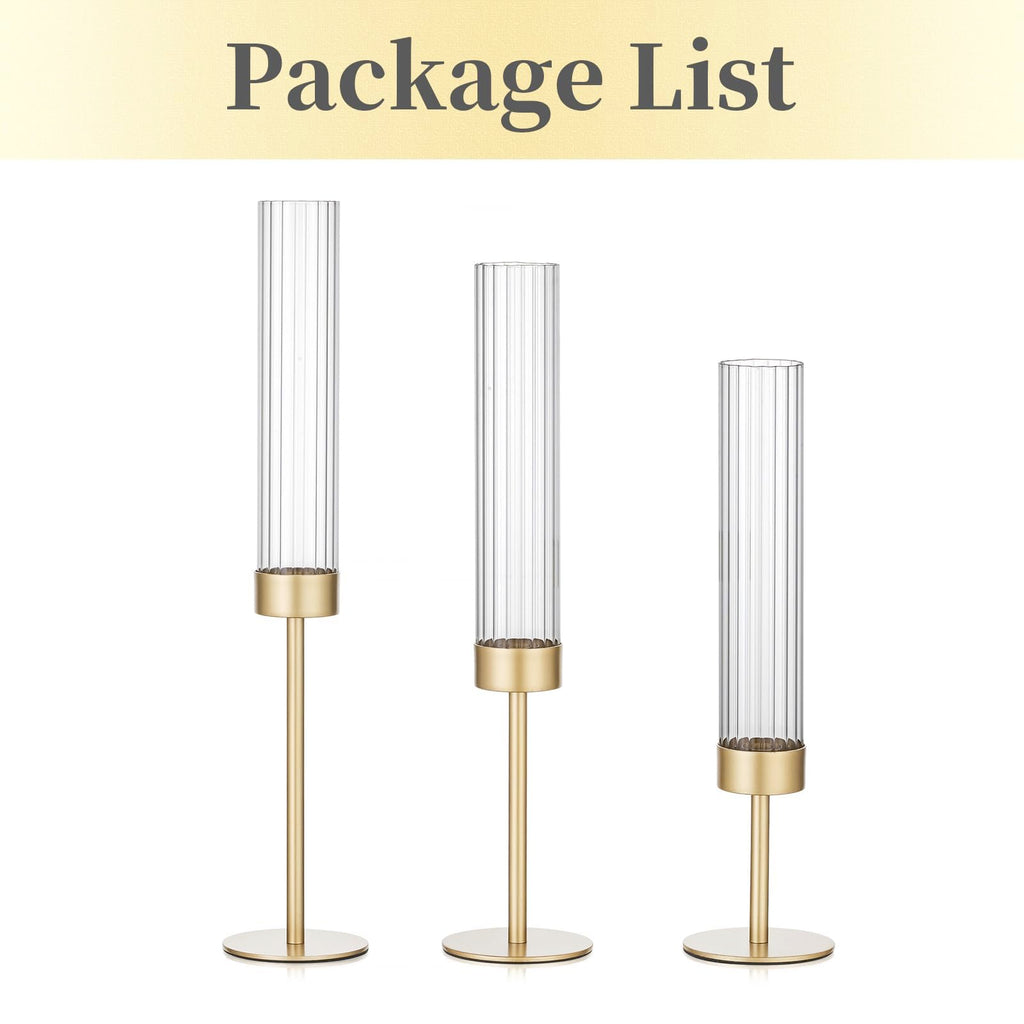 Hewory Gold Hurricane Candle Holders: Brass Candlestick Holders Set of 3 Tall Taper Candle Holders for Candlesticks Candle Sticks Holder Decor for Table Centerpiece Wedding Party Christmas Decorations