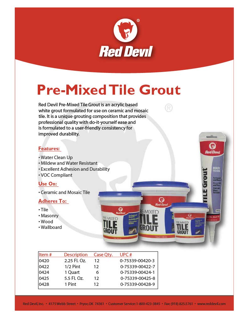 Red Devil 0424 Pre-Mixed Tile Grout - Professional Quality, Excellent Adhesion, Ideal for Wall & Floor Use - 1 Quart, White, Made in USA