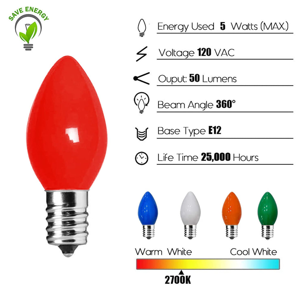 Couah Christmas Light Bulbs C7 Multi-Color Replacement Bulbs（25 Pack） C7 Ceramic Outdoor String Light Replacement Bulbs, C7/E12 Candelabra Base, 5 Watt