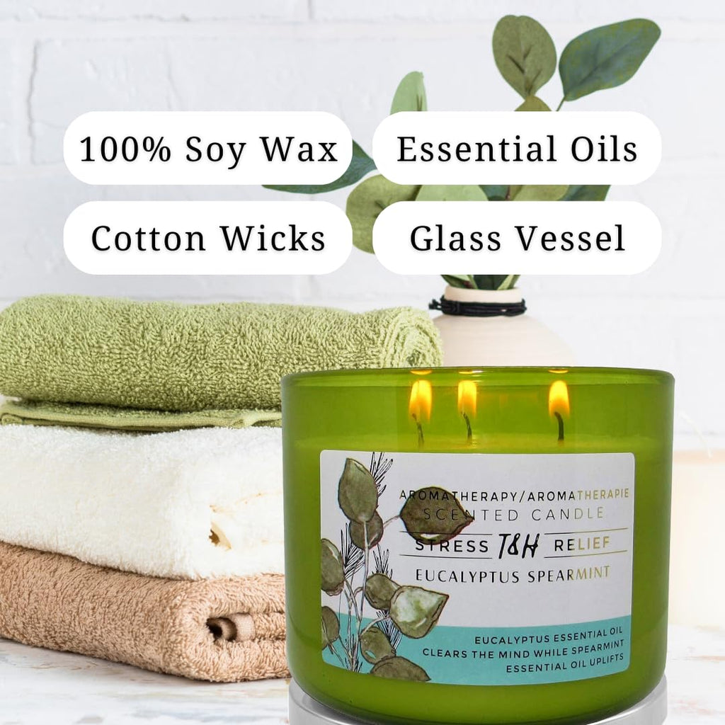 Eucalyptus Spearmint Aromatherapy Candle 3-Wick | Soy Scented Candle for Home | 15.8 oz Large Candle for Men and Women | Long Lasting Eucalyptus Candle | Decorative Candle Gift