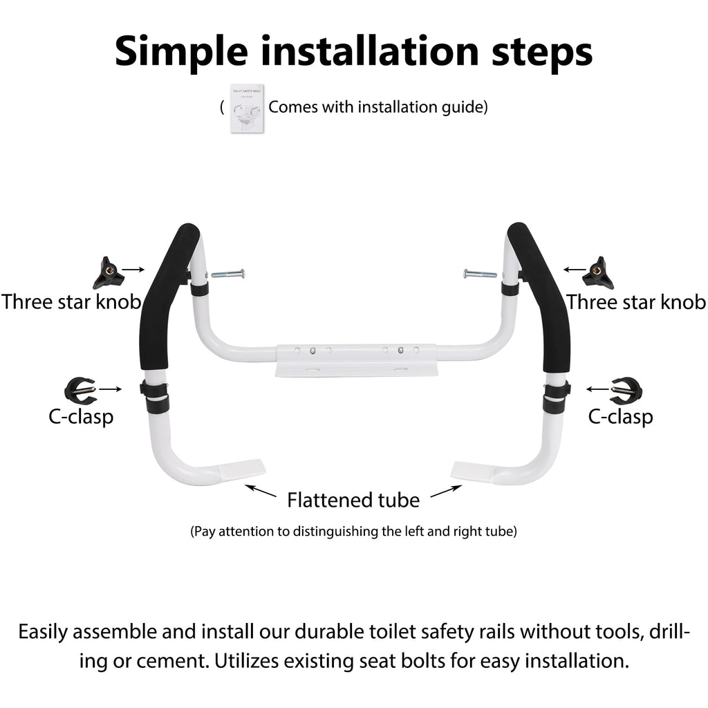 Toilet Safety Rail, Toilet Grab Bars for Seniors and Disabled with Adjustable Width, Toilet Safety Frame for Seniors Supports 350lbs (White - Capacity 350 lbs)