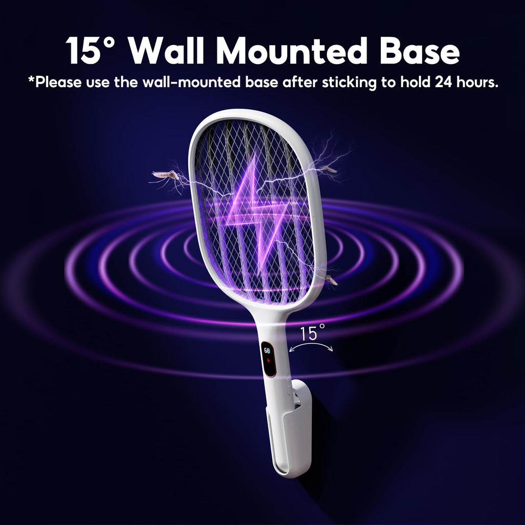 Qualitell Electric Fly Swatter Racket Rechargeable Handheld Bug Zapper 4000V with 2 Stand Base, Large Mosquito Killer with Power Display for Indoor Outdoor