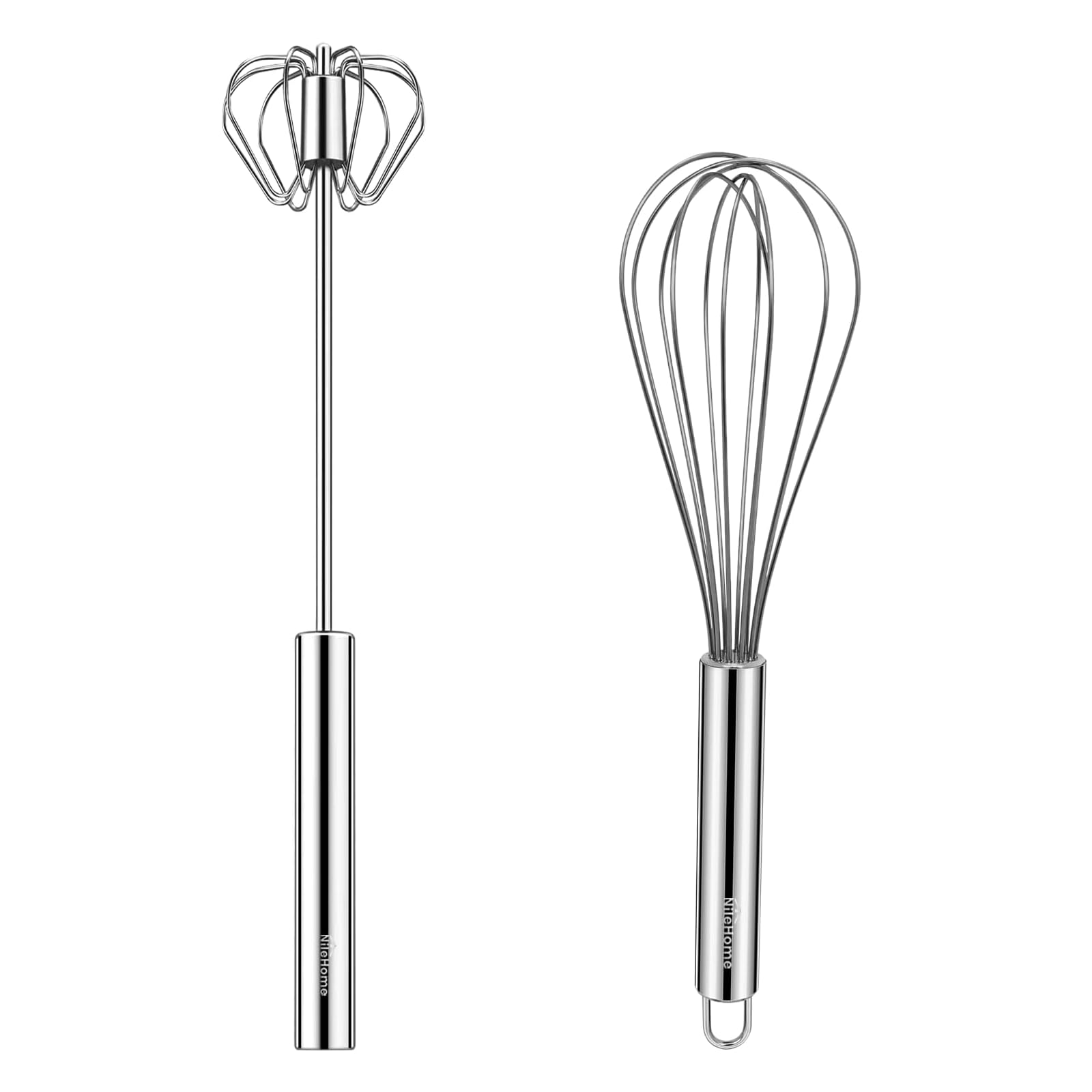 NileHome Stainless Steel Whisk 8" Hand Blender + 10" Semi-Automatic Rotary Kitchen Whisk Kitchen Wisk Wire Whisks for Cooking, Whisking, Blending, Beating, Stirring- 2 Pack...