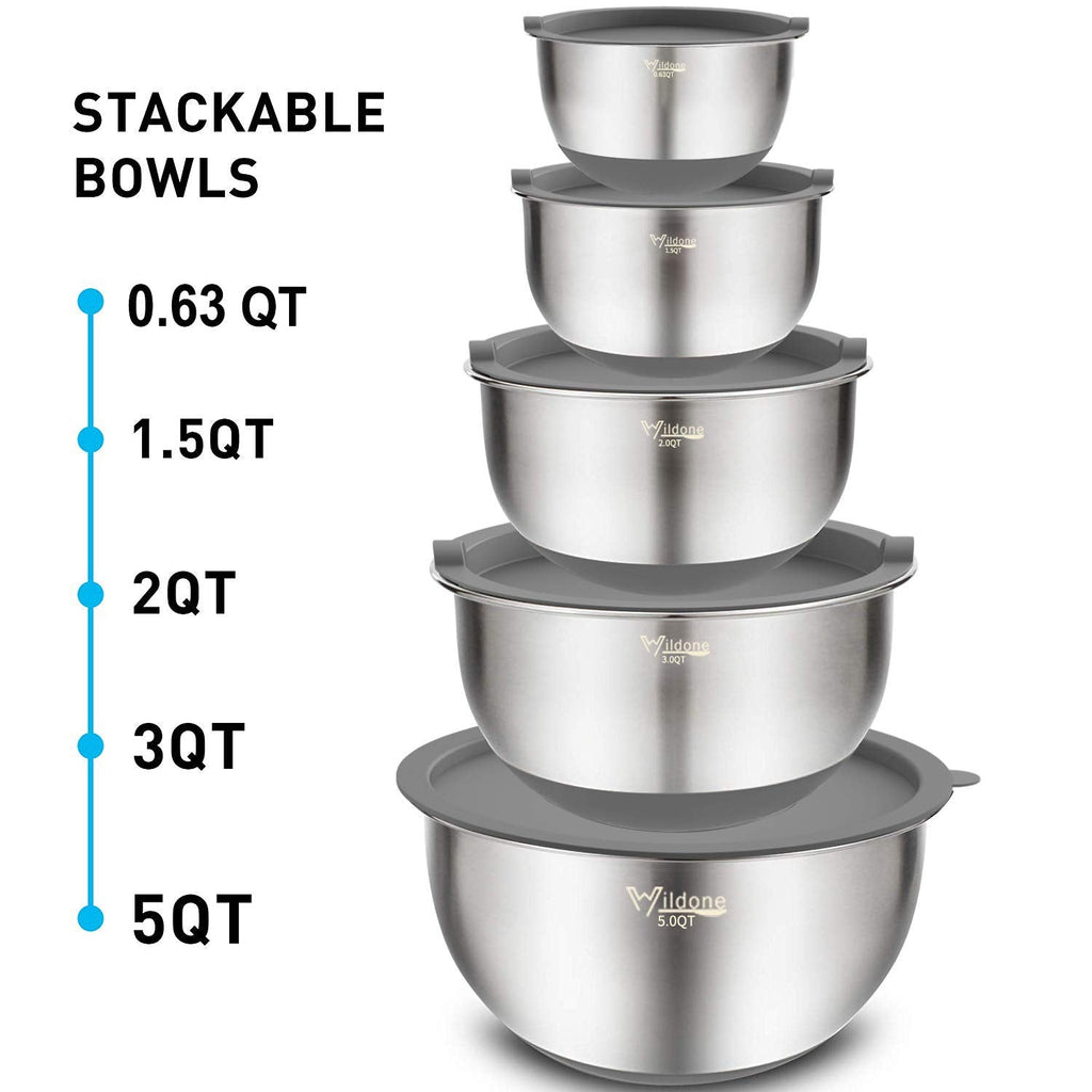 Wildone Mixing Bowls with Airtight Lids Set, 5PCS Stainless Steel Nesting Bowls Set for Kitchen, with Grater Attachments & Non-Slip Bottoms, Size 5, 3, 2, 1.5, 0.63 QT, Great for Baking & Serving
