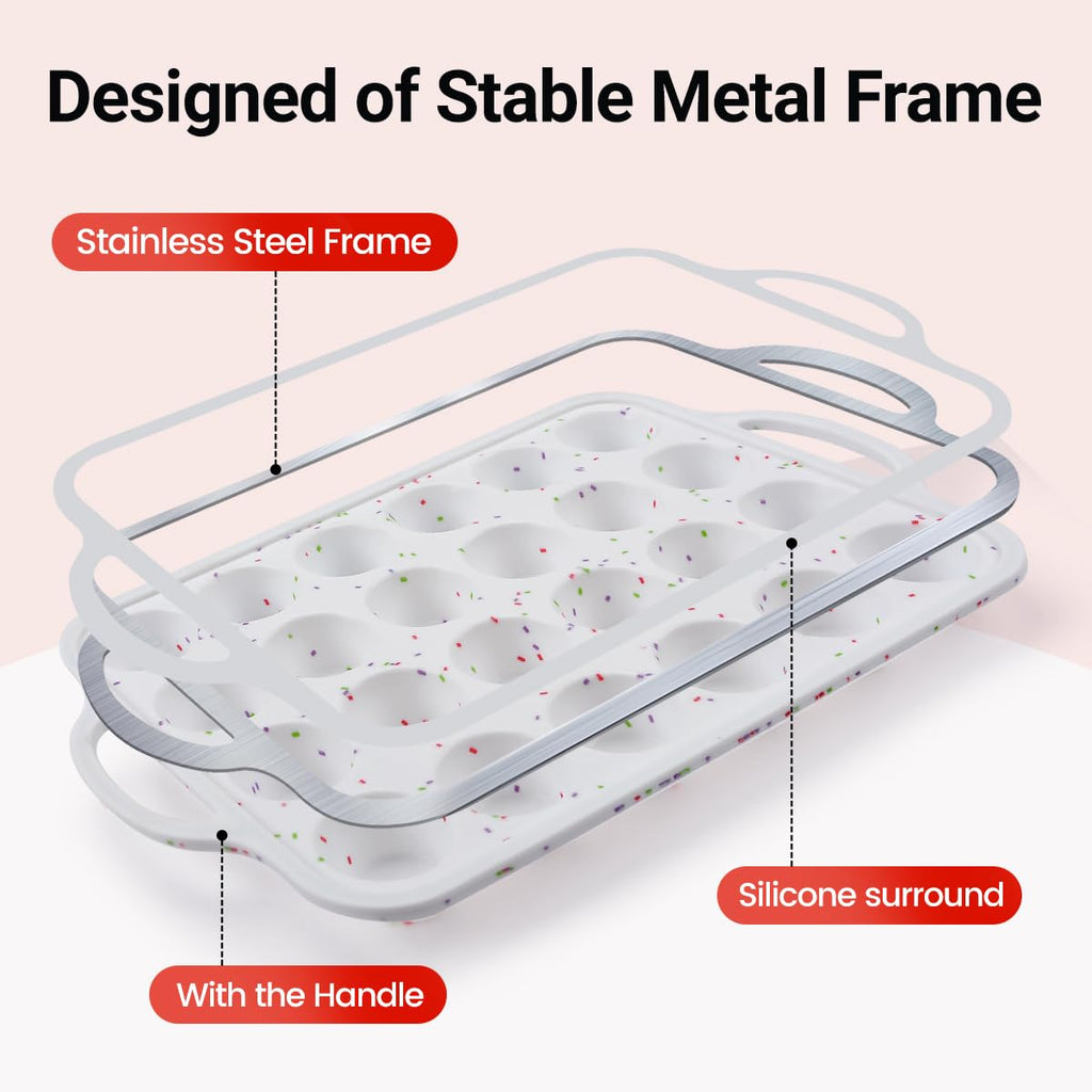 Mini Muffin Pan, Metal Reinforced Frame Mini Cupcake Pans 24 Cups Nonstick Muffin Silicone Molds with Handle for Baking Muffins, Cupcakes, Egg Bites 2 Pack
