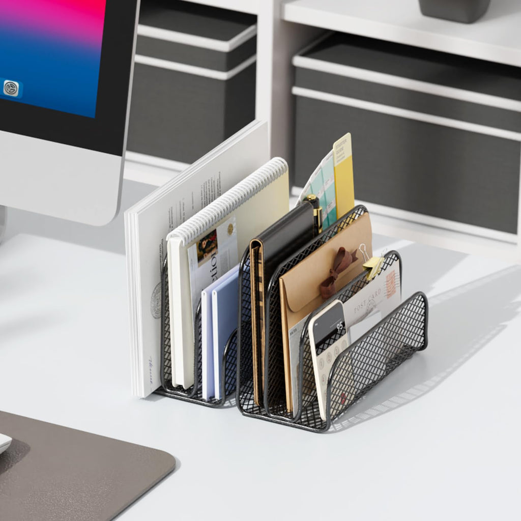 Mail Organizer Countertop, Book Shelf,Metal File Holder with 3-Slot, Book Shelf, Bill Organizer for Office Receipts and Letter Paper Storage (Black)