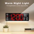 JALL 16" Large Digital Wall Clock Timer, Remote Controll, 2 Alarms, LED Display, 8 RGB Color, Auto DST, Temperature for Living Room, Bedroom, Desk, Mounted, Gift for Elderly (Red White, 16 inches)