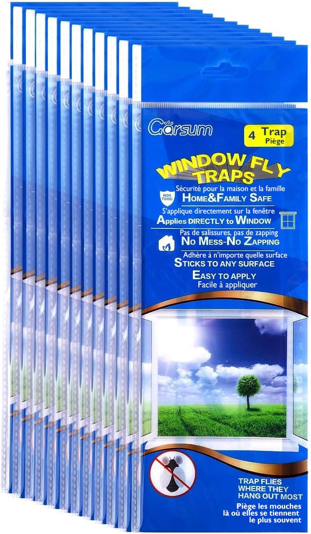 Garsum Window Fly Traps Indoor, Fly Paper Bug Sticky Strips, House Fly Killer Window Decal Non-Toxic,4 Piece per Pack Total 48 Pices