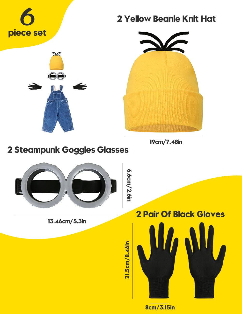Hizhogqul Halloween Adult Costume Accessories with Hat Goggles Gloves Funny Costume Cosplay (6PCS), Yellow