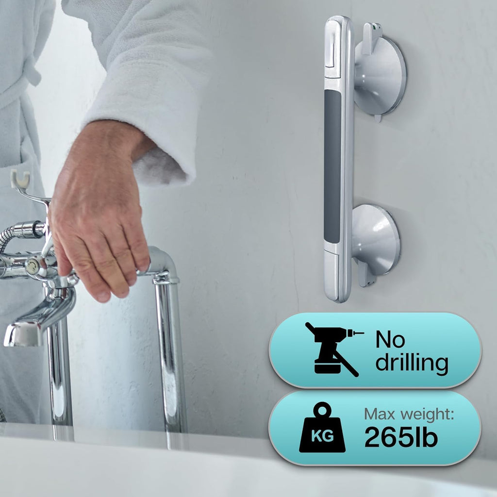 TenderTouches 12-Inch Shower Handle, Bathtub Safety Aids for Disabled and Elderly, Safety Grab Bar Suction Cup, Heavy Duty No Drilling Removable Shower Handrails for Seniors