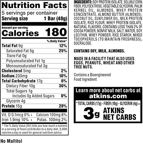Atkins Chocolate Almond Caramel Protein Meal Bar, High Fiber, 15g Protein, 1g Sugar, 3g Net Carbs, Meal Replacement, Keto Friendly, 8 Count