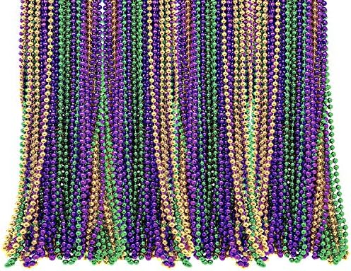 4E's Novelty 72 Pack Bulk Mardi Gras Beads Necklaces Purple Green Gold Beads, 33 Inches Long 7mm Thick, Tree Decoration, Party Favors Supplies, Costume Accessories (72)