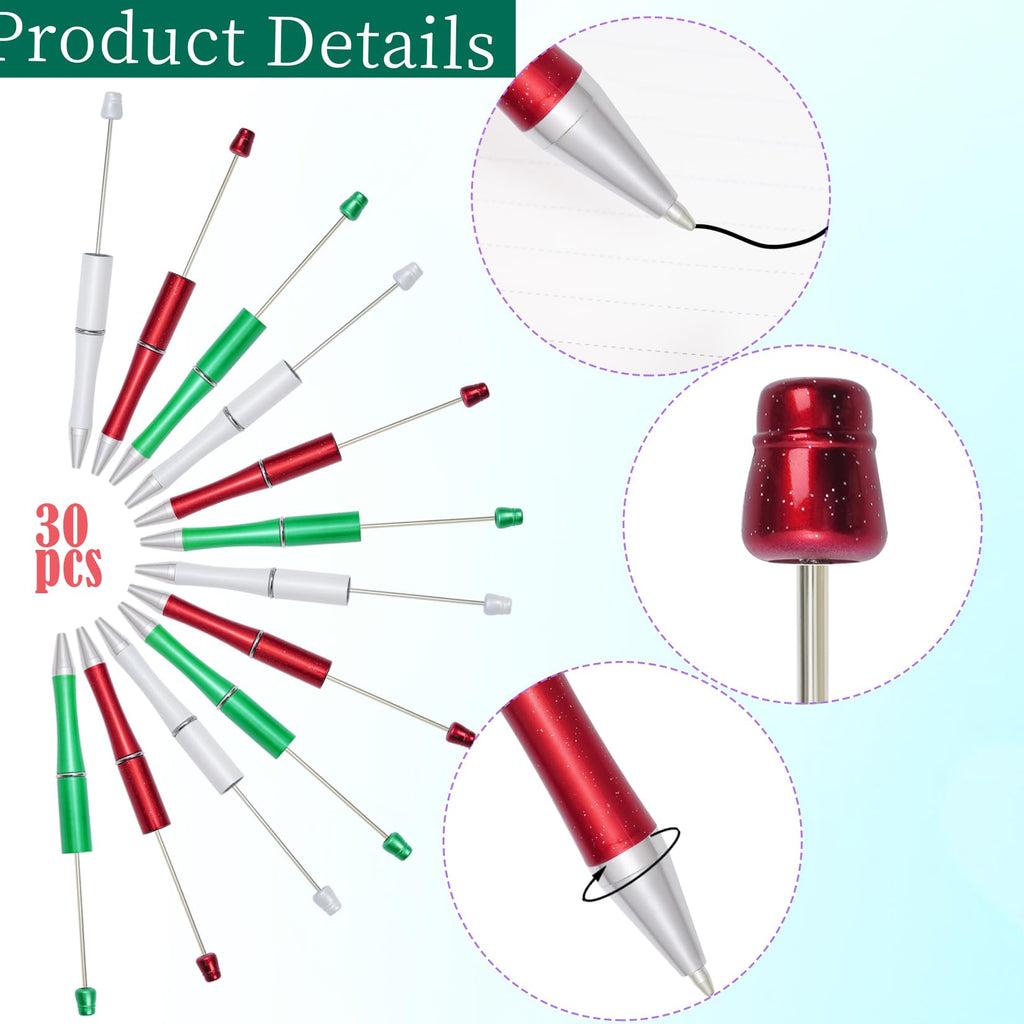 jiebor 30Pcs Christmas Beadable Pens Plastic Bead Pen Black Ink Ballpoint Pens DIY Pens Cute Cool Pens for Christmas Students Teacher Gift Office Supplies