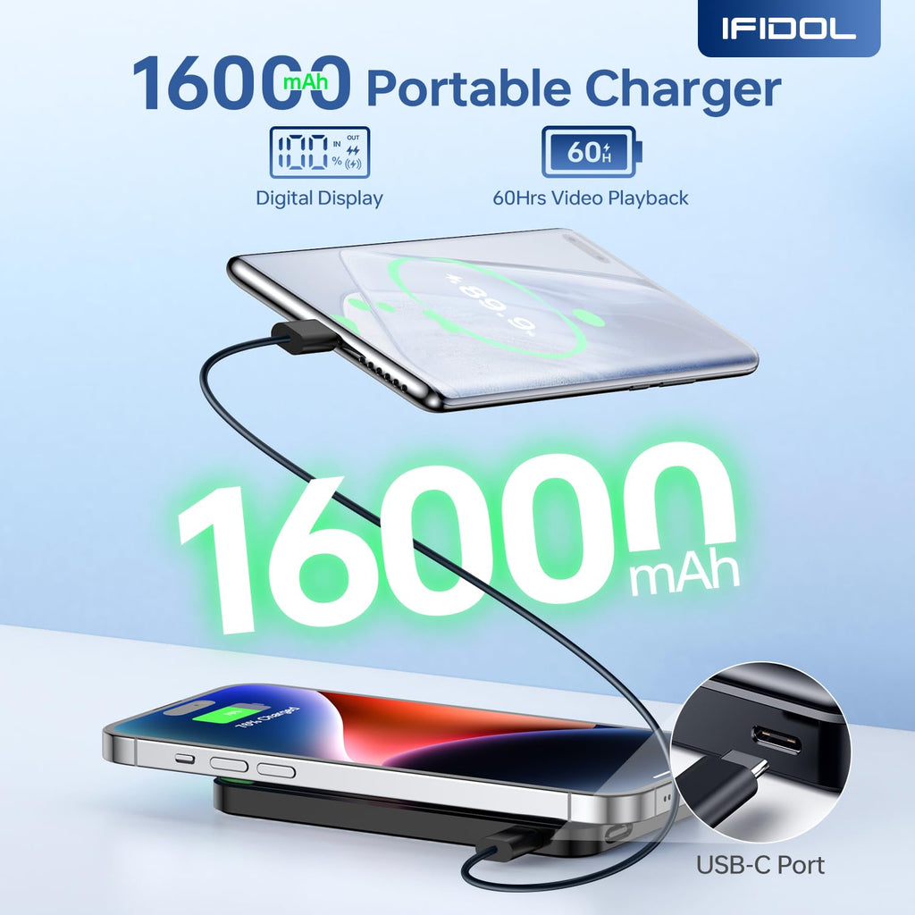 IFIDOL for Magsafe Battery Pack, Wireless Portable Charger for iPhone, (16000mAh) Magnetic Power Bank with (22W) USB-C Fast Charging for iPhone 16/16 Pro/ProMax, iPhone 15 14/13/12 Series - Black