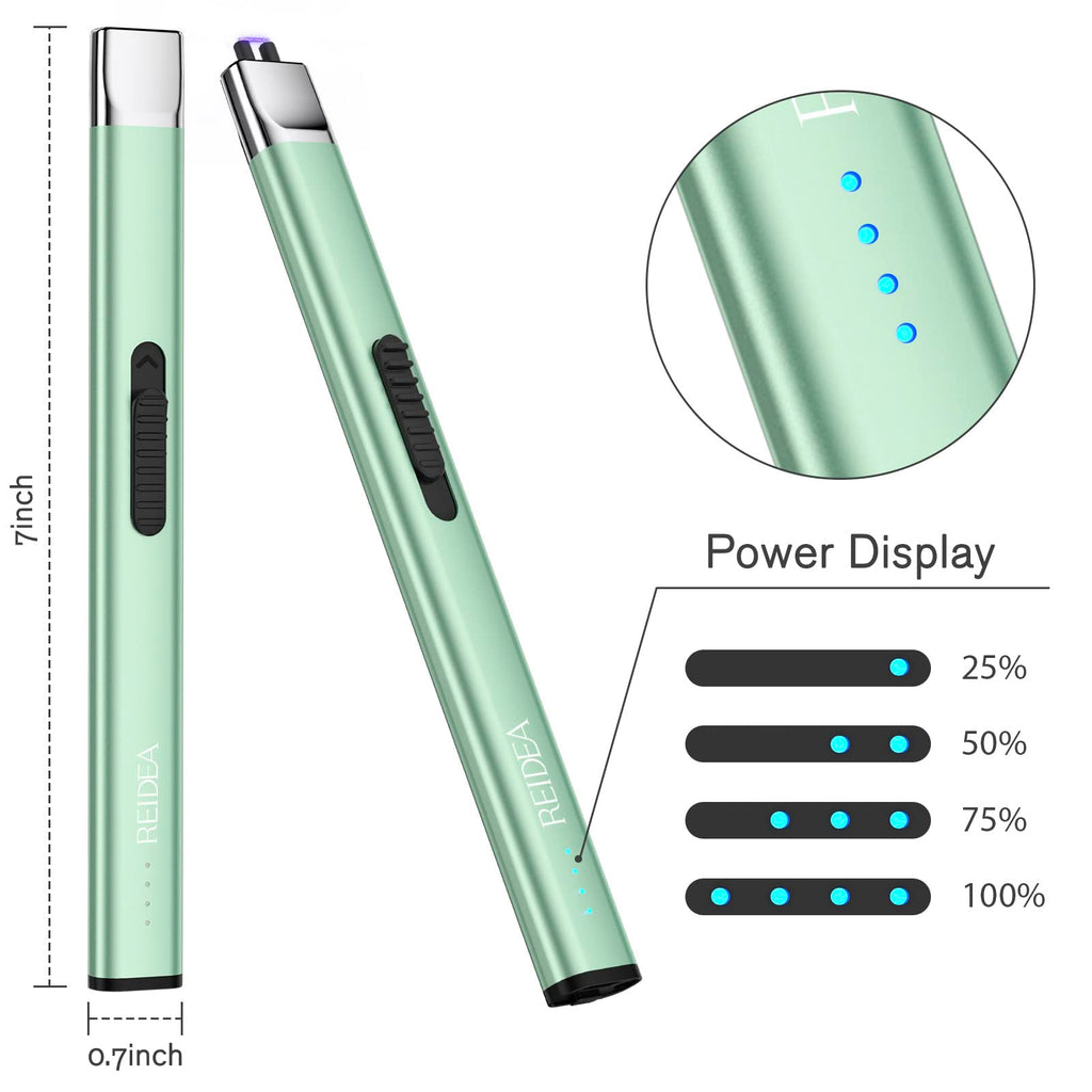 REIDEA Electric Lighter R1 Flat Candle Lighter, Windproof Flameless USB Rechargeable Arc Lighter with Safe Button and Power Indicator for Candle, BBQ and Fireworks, Mint Green