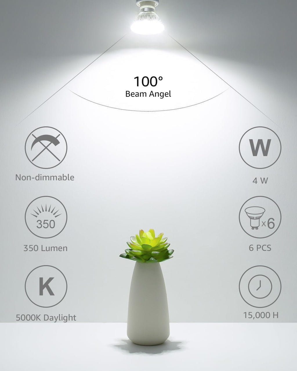 Lepro Non-Dimmable GU10 LED Light Bulbs, 5000K Daylight White GU10 Bulb Replacement for Recessed Track Lighting, 4W LED Bulbs with 100°Flood Beam for Kitchen, Range Hood, Living Room, Bedroom, 6 Pack
