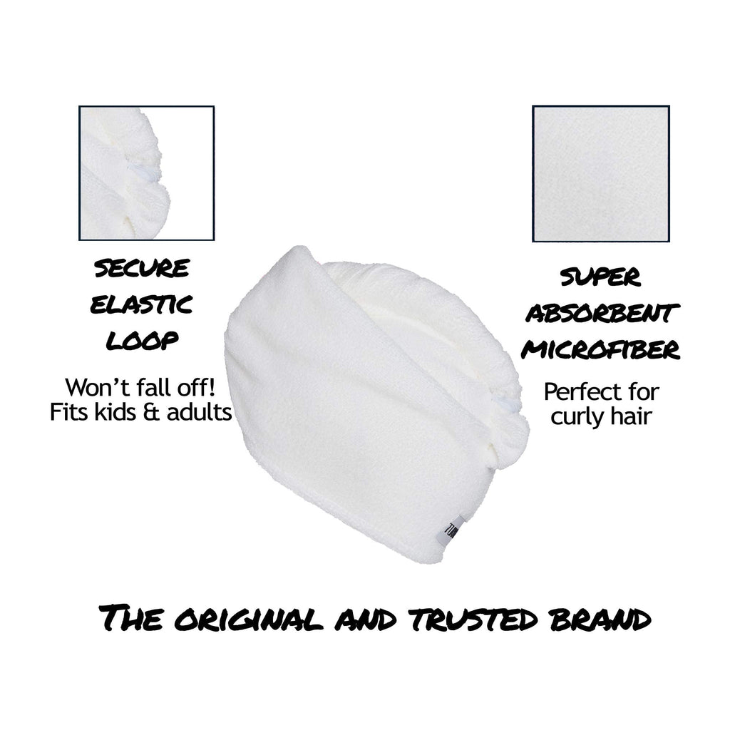 Turbie Twist Microfiber Hair Towel Wrap - for Women, Men & Kids - Travel & Bathroom Essential - Quick Dry Hair Turban for Curly, Long & Thick Hair - 2 Pack (White, White)
