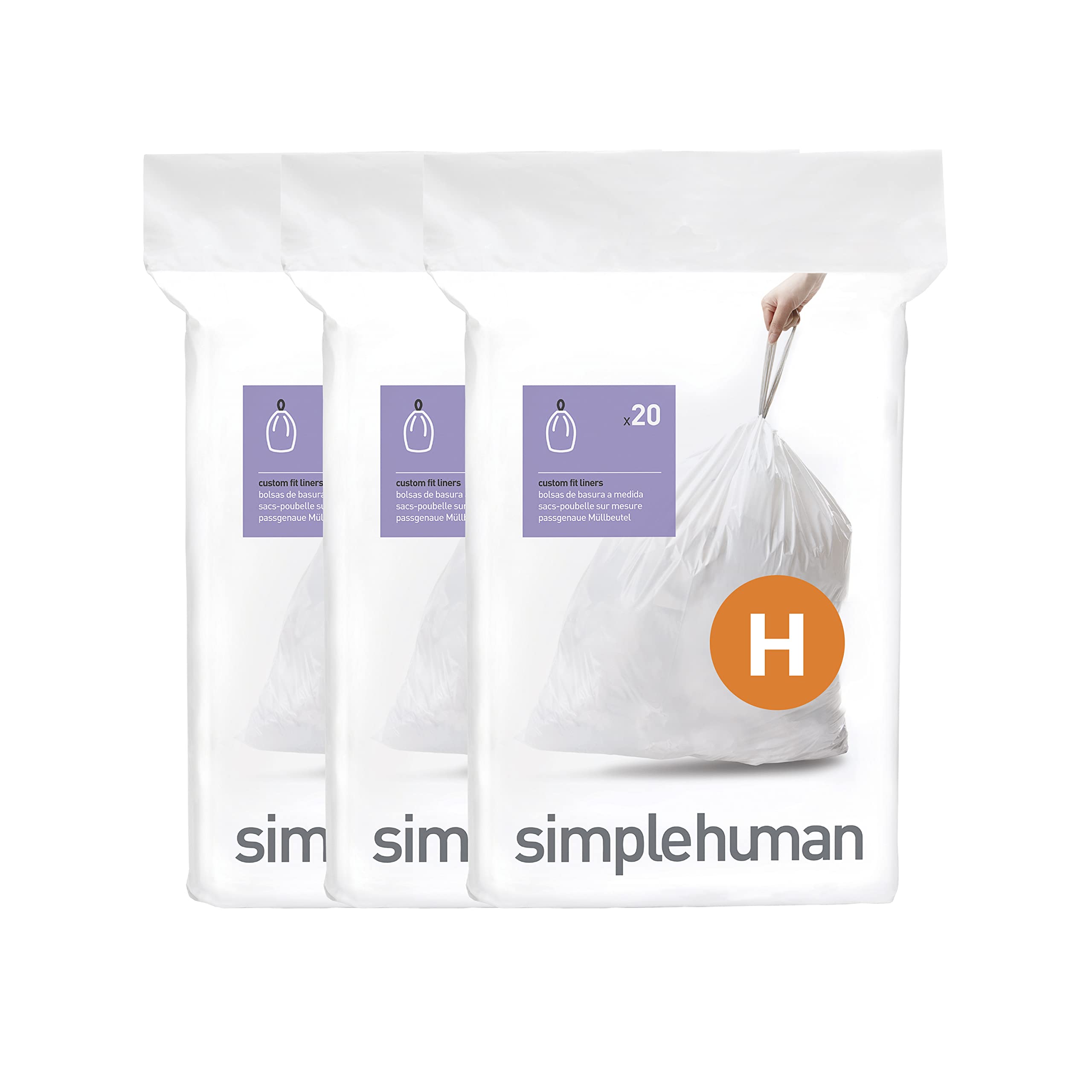 simplehuman Code H 60 Count, Genuine Custom Fit Liners, Drawstring Trash Bags in Dispenser Packs, 30-35 Liter / 8-9.2 Gallon, White